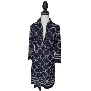 MSK Chain Link Print Zip-Front Shift Dress | Navy & Gold Geometric | Size S